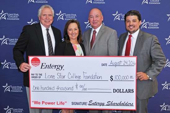 Pictured (l to r): Doug McCormick, Entergy Texas customer service representative; Sallie Rainer, Entergy Texas president and CEO; Dr. Stephen C. Head, LSC chancellor and Amos McDonald, LSC vice chancellor of government and public relations.
